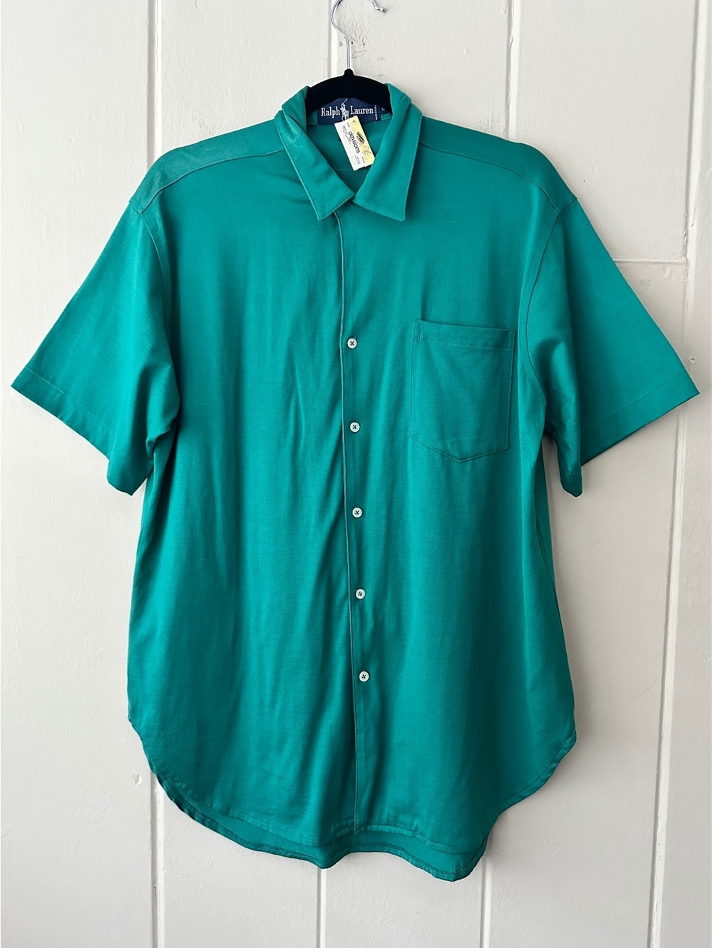 VTG 80s Ralph Lauren NWT Teal 100% Cotton Short Sleeve Button Down Shirt Size L